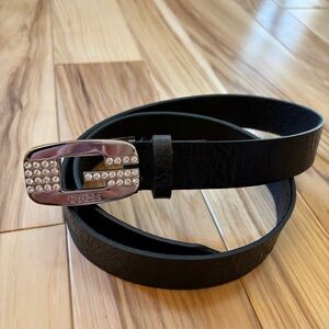 Vintage Y2K Guess G Rhinestone Buckle Black Leather Belt Size Medium